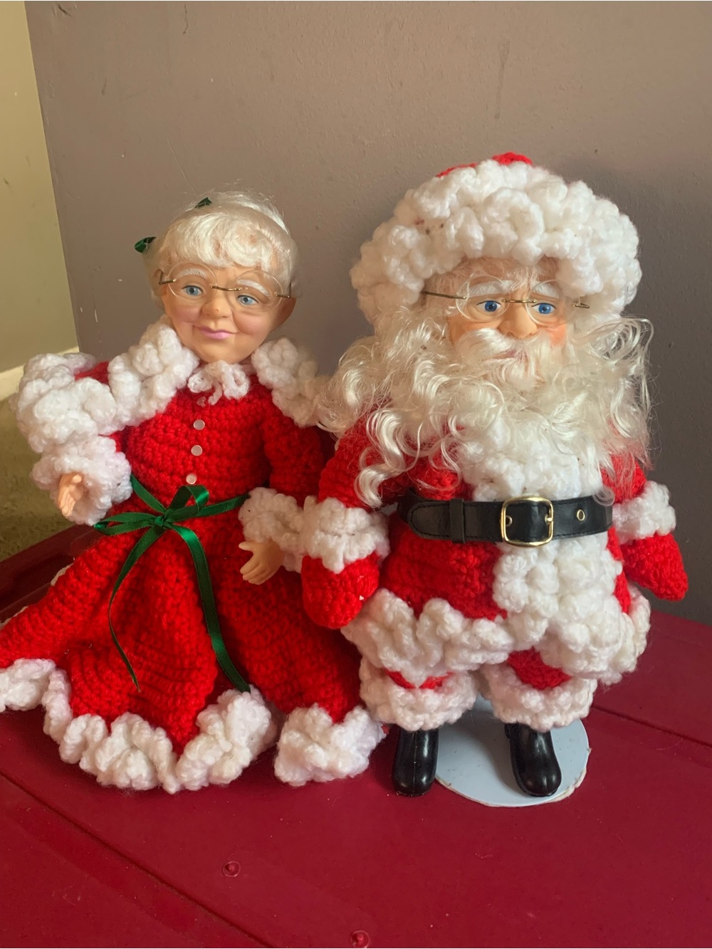 Santa and Mrs. Claus Decorative Dolls - Red and White Holiday Set